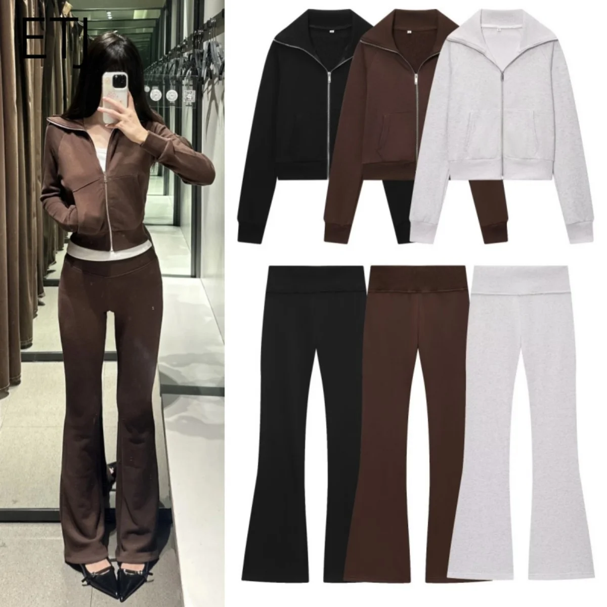 

Casual Women's Suits Turn-Down Collar Long Sleeved Zipper Jacket High Waisted Elastic Waist Flared Trousers Office Two Piece Set