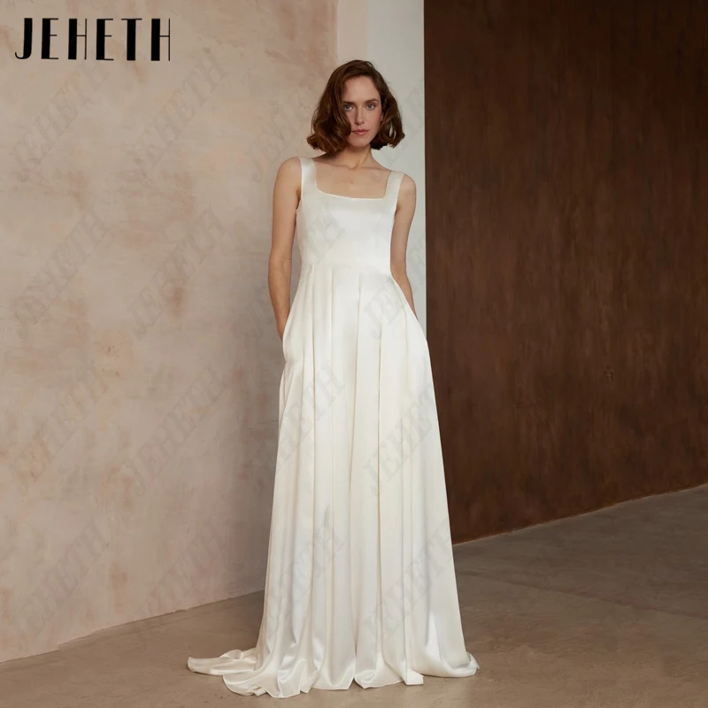 JEHETH Square Neck Wedding Dress Women A-Line Spaghetti Straps Bridal Gowns Classic Satin Princess Vestidos De Novia Sleeveless