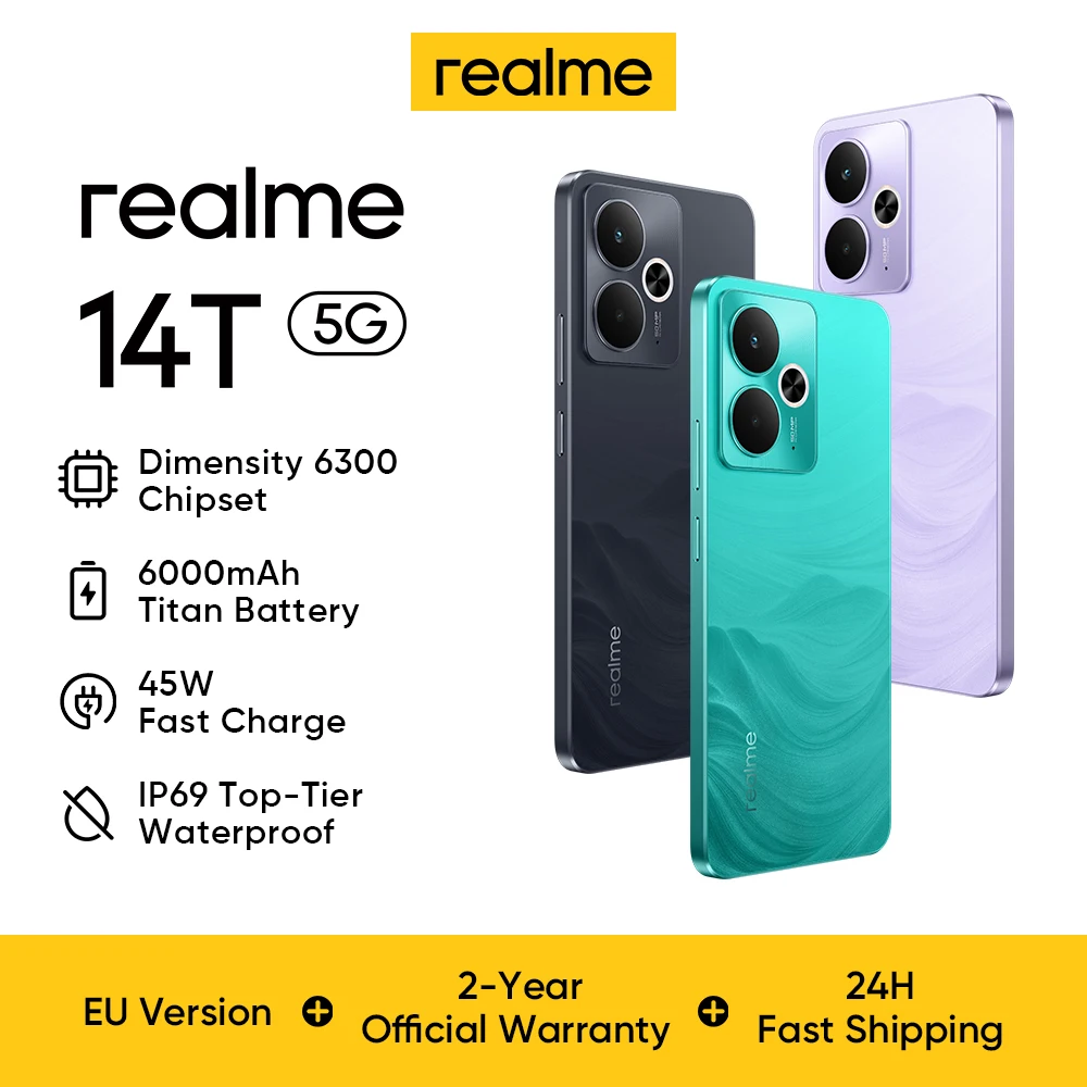 Realme 14T 5G 8+256 Smartphone, Android 15, processeur Mediatek Dimensity 6300 octa-core, batterie 6000 mAh, écran AMOLED 6,67 pouces 120 Hz, charge rapide 45 W, appareil photo 50 MP, NFC, téléphone portable IP68/IP69