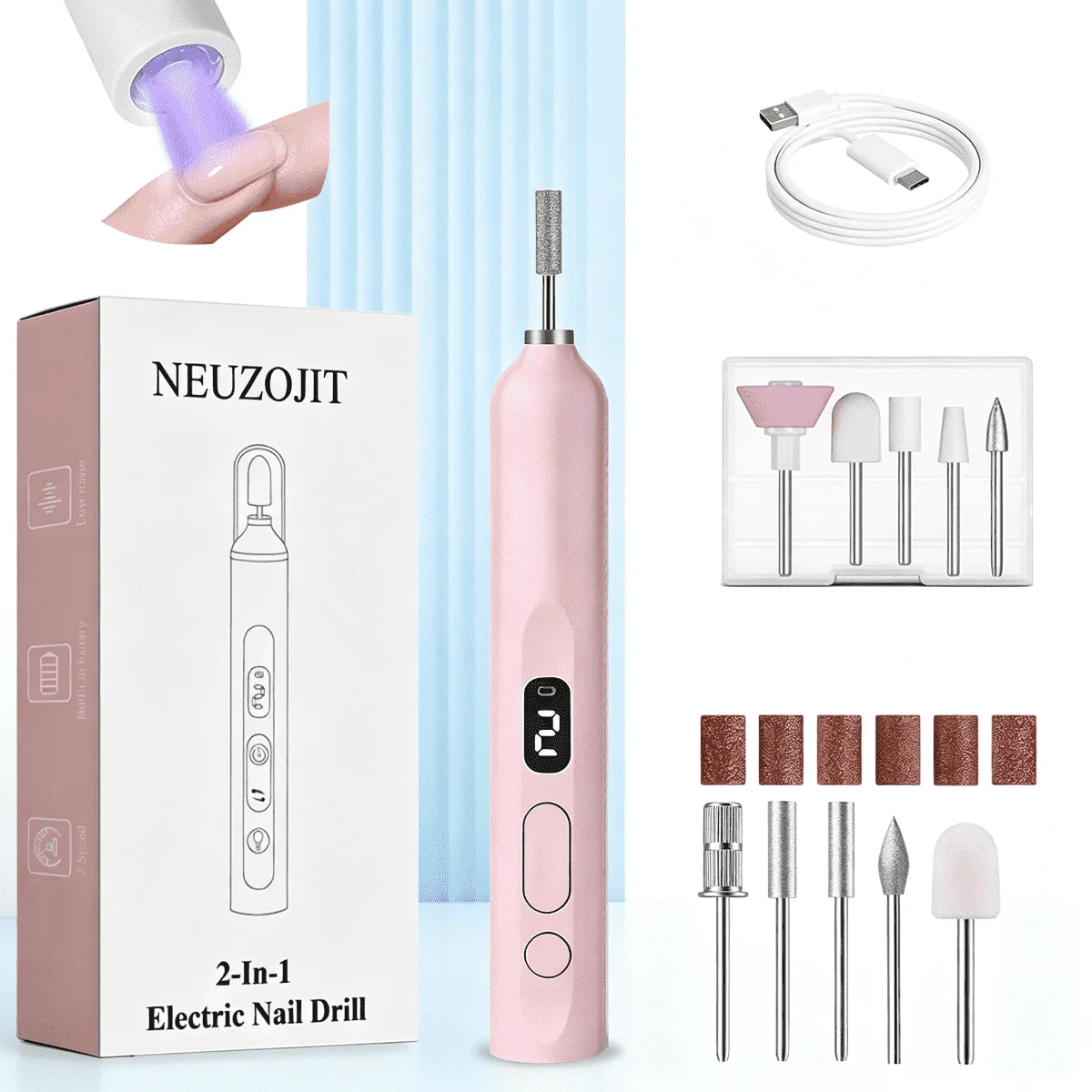 Cordless Nail Drill Electric Nail File Kit, Rechargeable Efile Set, Portable Acrylic Gel Nail Polish Remover Machine, Pedicure Manicure Tool, 11 Bits, 56 Sanding Bands, Salon Home