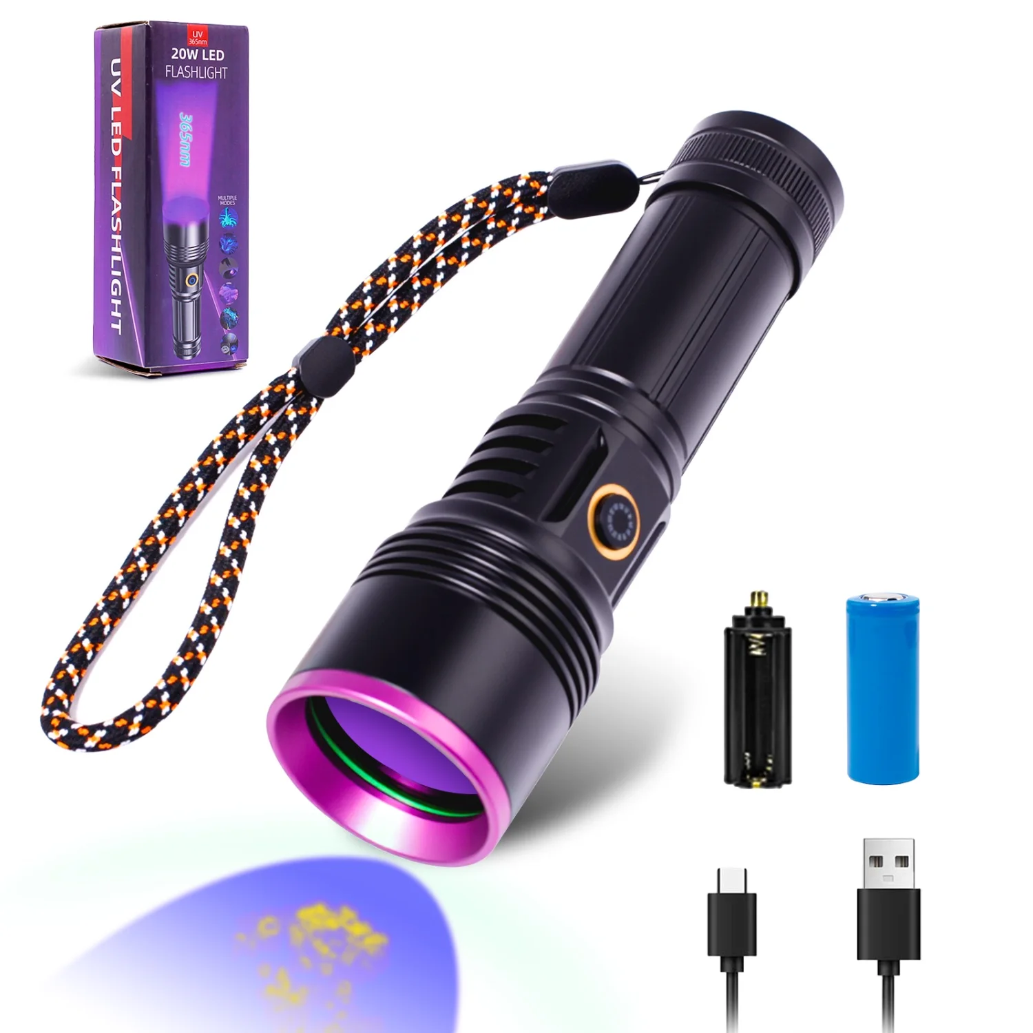 lampe-de-poche-uv-haute-puissance-20w-365nm-lumiere-noire-type-c-rechargeable-par-usb-detection-d'animaux-domestiques-marqueur-fluorescent-scorpion-lumiere-violette