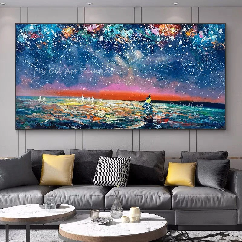 100% Handmade colorful sky blue canvas large size modern thick romantic oil painting no frame on canvas wall decoration gift