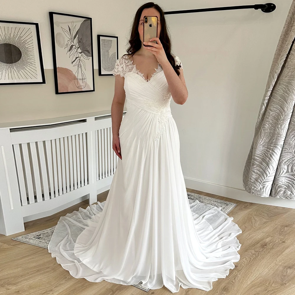 Elegant Woman Chiffon Cap Sleeves Wedding Dresses V-neck Ple0ats Appliques Bridal Gowns Lace Up Back Court Train Robe De Soirée