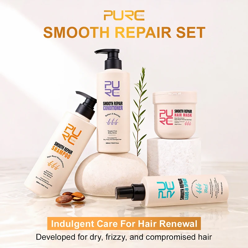 PURC Smooth Repair Hair Care Set Shampoo Conditioner Hair Mask Leave‑in Spray Keratin Treatment For Dry Frizzy Damaged Hair