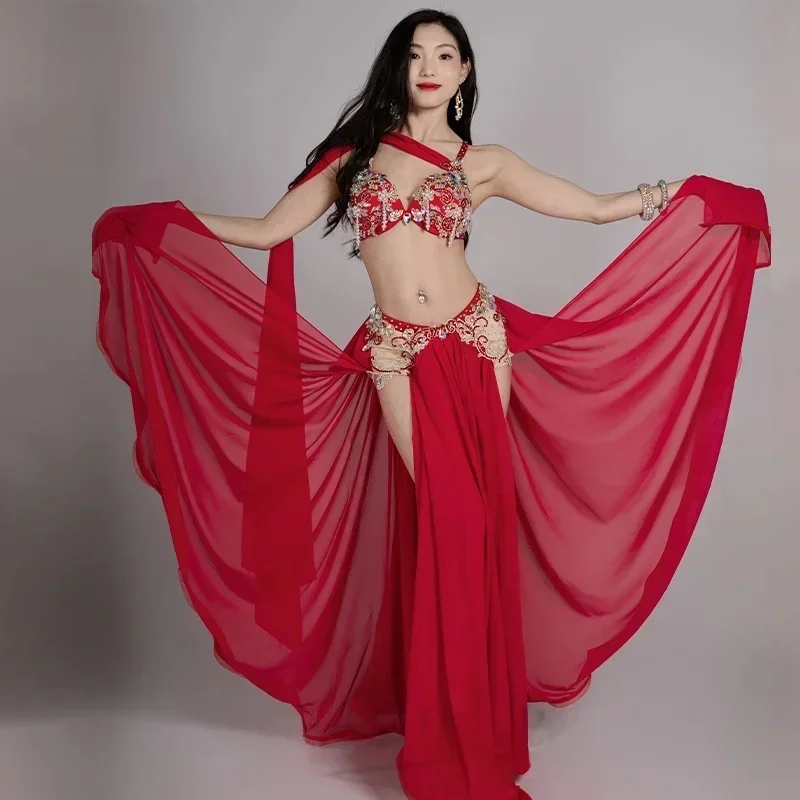 Bauchtanz-Set für Damen, exquisiter Perlen-BH + Chiffon-Langrock, 2-teilig, Mädchen, orientalischer Tanz, professionelles Performance-Kostüm