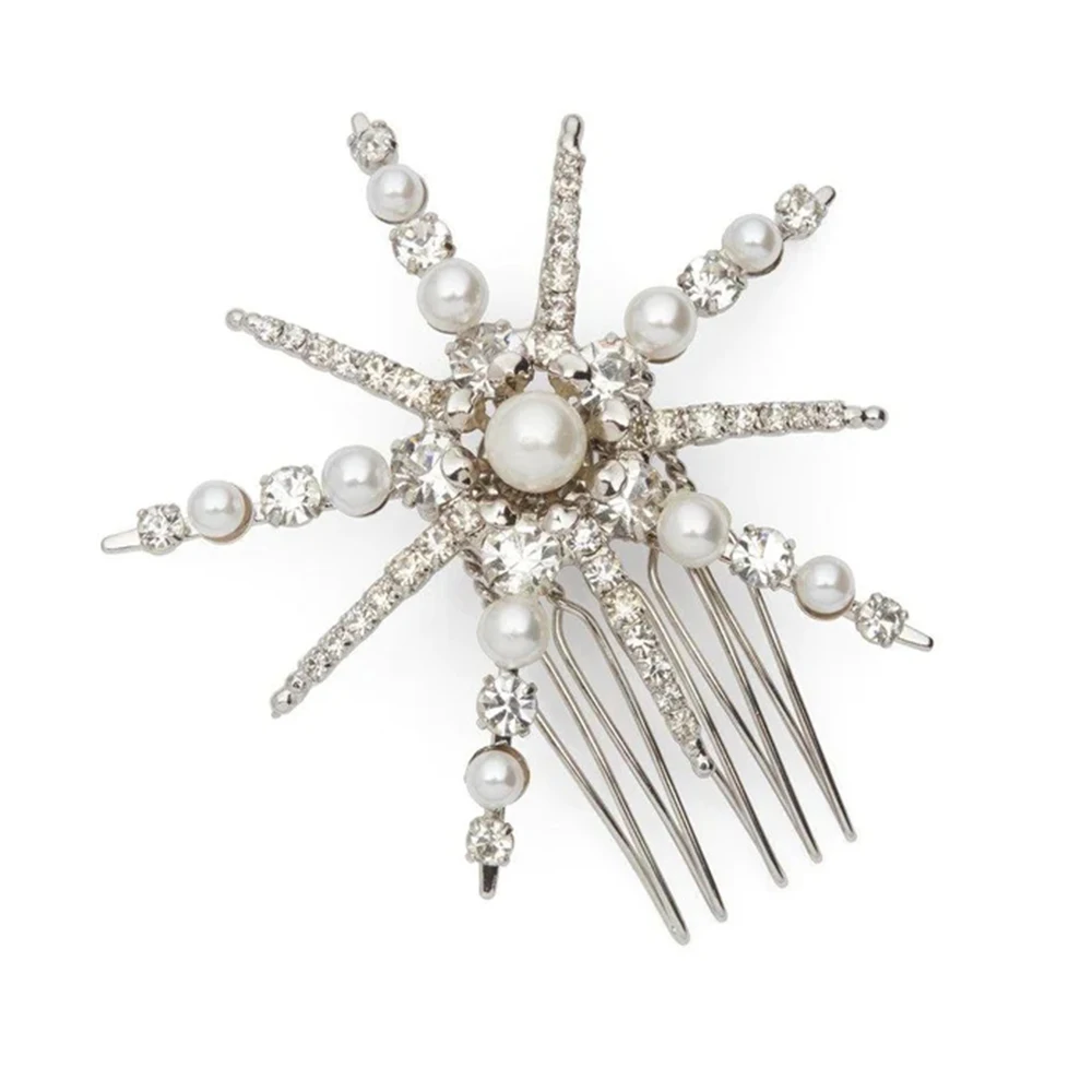 Fashion Crystal Bridal Star Hair Comb Tiara Accessories for Women News Wedding Party Rhinestones Pearl Hairpin Headband Jewelry