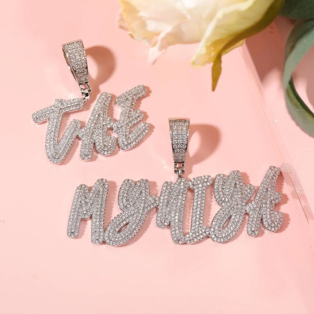 Custom Iced Out Cubic Zircon Diamond Custom Brush Font Letter Pendant Necklace Chain For Women Personalized Hip Hop Jewelry Gift