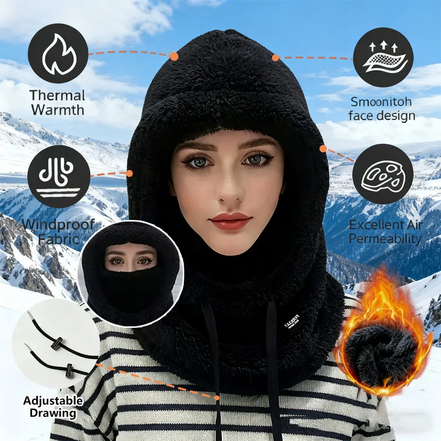 Ski Motorcycle Cycling Winter Balaclava 1Pc, Thick Fleece Windproof Warm Hat Scarf Face Cover for Men Women