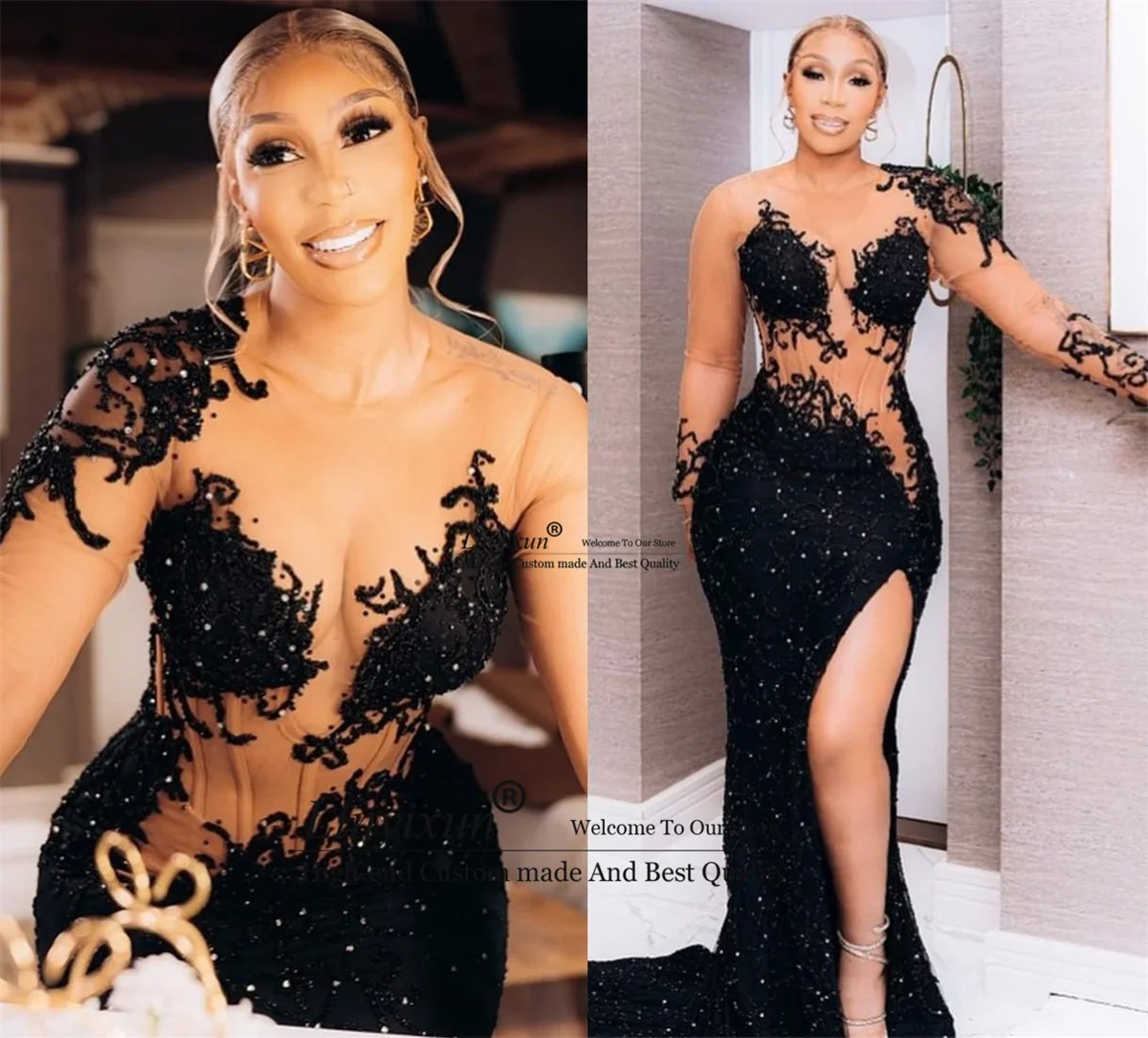 Arabic Aso Ebi Black Mermaid Prom Dresses Sparkly Lace Beaded Sexy Evening Party Full Sleeves Second Reception Birthday Gowns