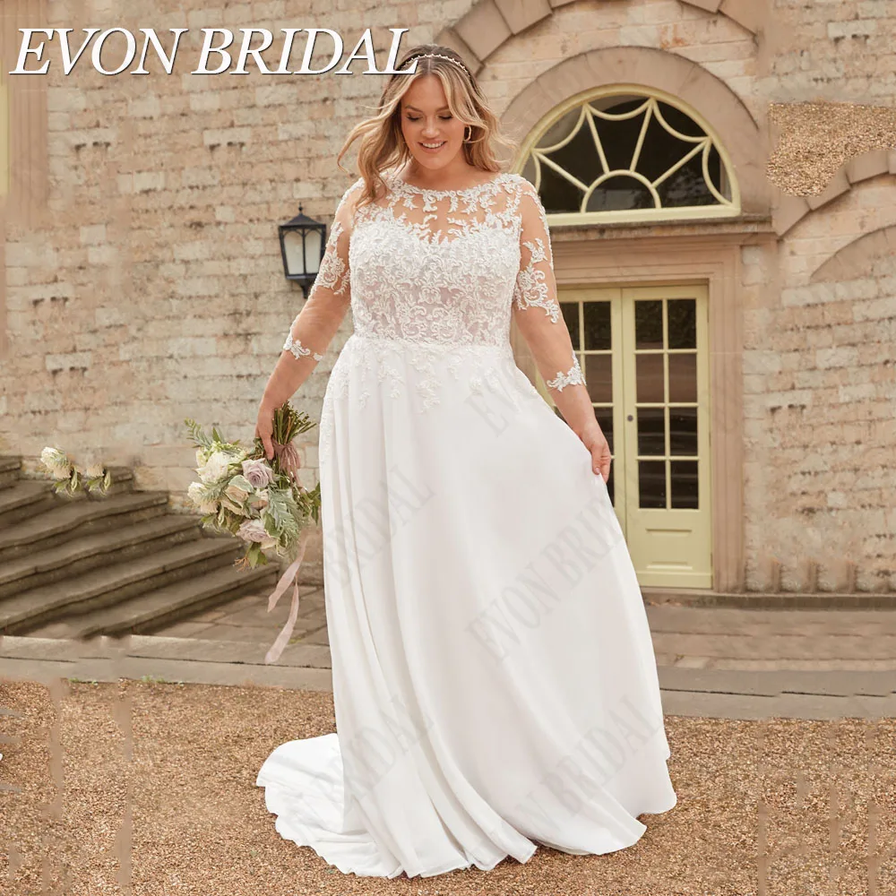 

EVON BRIDAL Boho Chiffon 3/4 Sleeves Wedding Plus Size Scoop Neck Illusion Back A-Line Applique Bridal Gown Hochzeitskleid