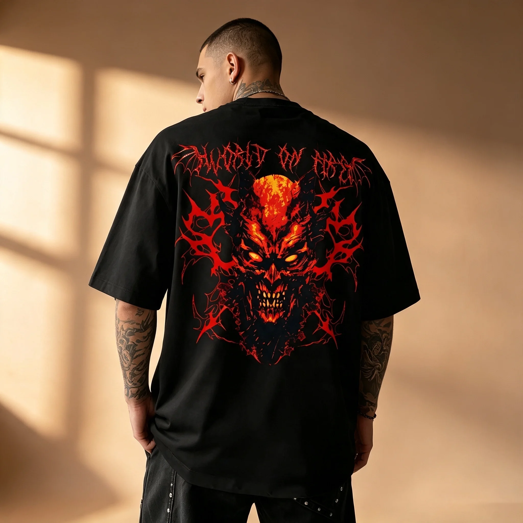 Gothic Devil Skull Graphic T-shirt Men Red Flame Back Print Casual Loose Multicolor Hip Hop Street Crew Neck Tops