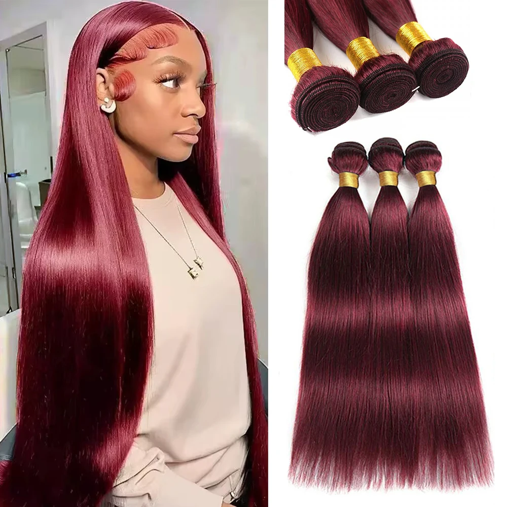 

Wine Red Human Hair Weave 99J Human Hair Bundles 16-30 inches 3 Bundles Straight Brazilian Hair Weft Hair Extensions for Women