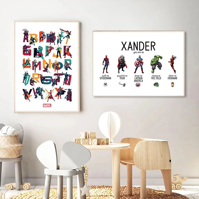 Personalized SUPERHERO Name Prints Marvel Cinematic Universe Character Canvas Painting Nursery Boys Room Wall Pictures Decor