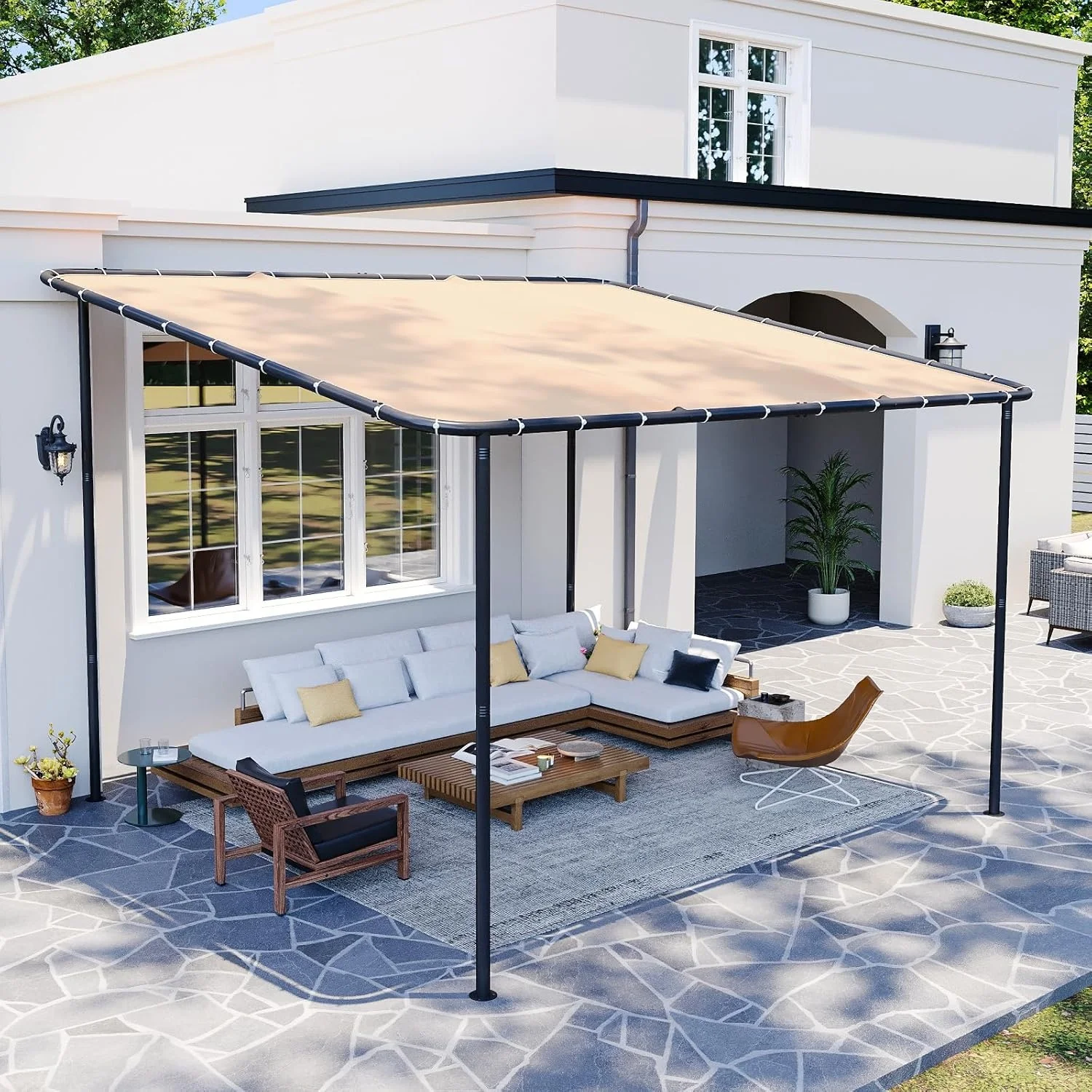 Aoxun 10x12 Lean to Gazebo Wall-Mounted Pergola, Sloped Roof Awning with Water & UV Resistant Canopy for Patio Backyard Deck Khaki