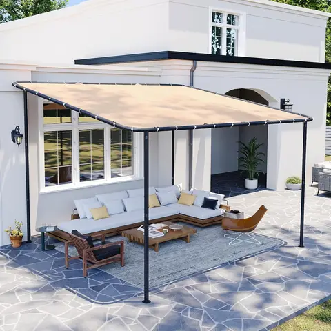 Aoxun 10x12 Lean to Gazebo Wall-Mounted Pergola, Sloped Roof Awning with Water & UV Resistant Canopy for Patio Backyard Deck Khaki