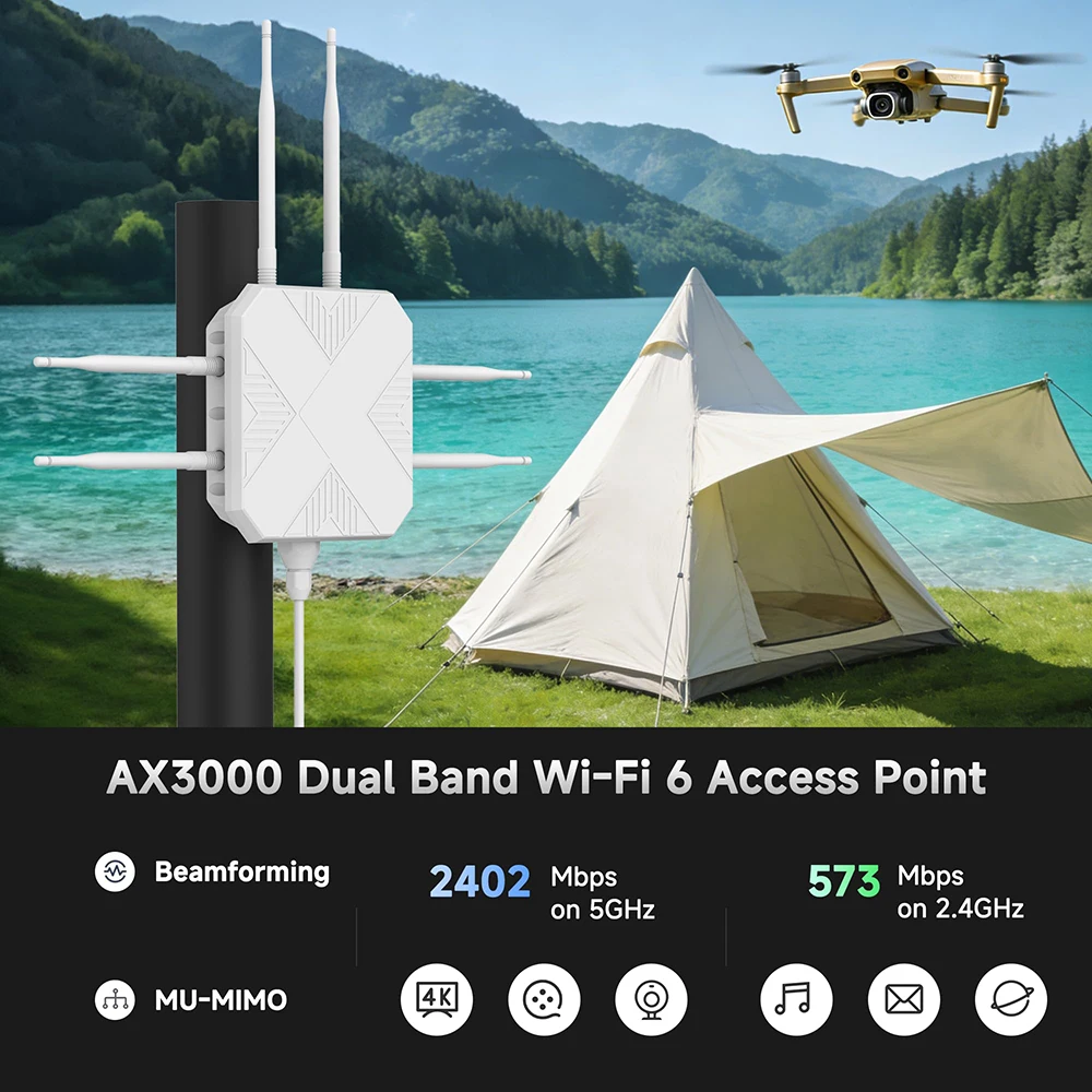 AX3000 High Power WiFi6 Long Range Outdoor Dual Band 2.4G+5G 3000Mbps WiFi Mesh Extender Booster with PoE IP67 Weatherproof