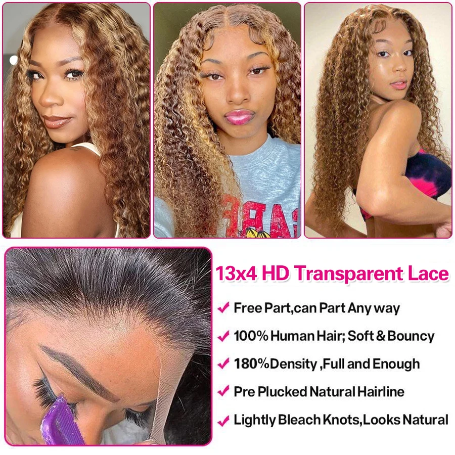 VSHOW Kinky Curly P4/27 Highlight Colored Brazilian Wigs 13X4 Cheap Lace Frontal Human Hair Wigs For Black Women 180 Density