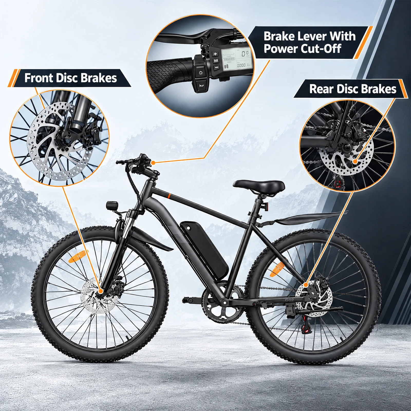 Image of 26‑Zoll G02 Elektrofahrrad, 250W Motor 25 km/h, 36V 13Ah Akku 90 km Reichweite, Shimano 7‑Gang, Doppelscheibenbremsen, LCD‑Display, max.120 kg Belastung für Stadt‑ & Alltagsfahrten