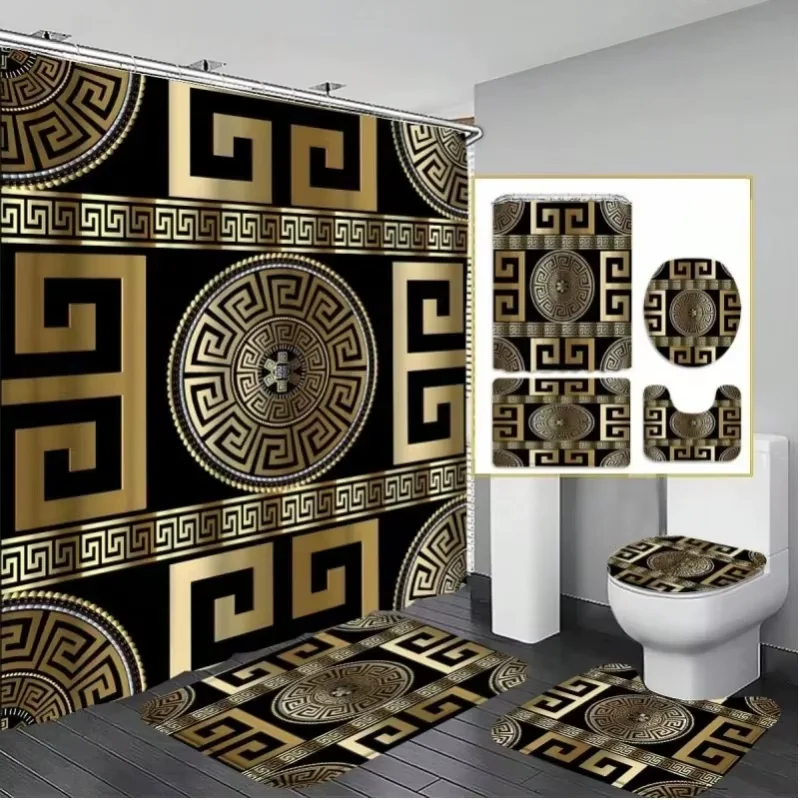 4pcs Bathroom Set, Palace Style Waterproof Fabric Shower Curtain With 12 Hooks, Non-Slip Bathroom Mat, U-Shaped Toilet Lid Cover