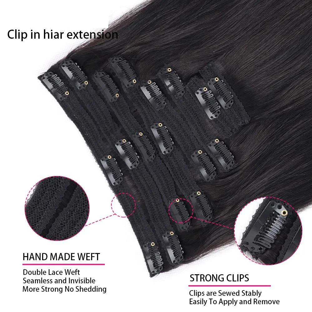 Clips en extensiones de cabello humano brasileño, 8 piezas y 120g por juego, cabeza completa, Color Natural, Remy