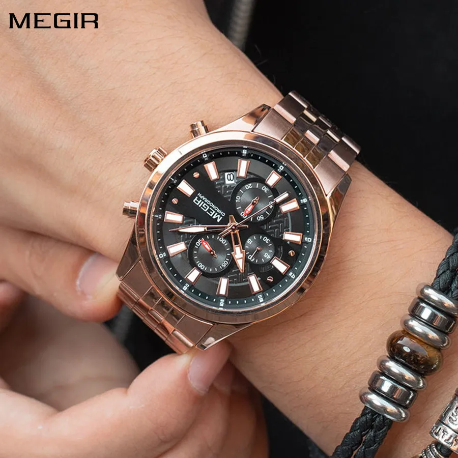 MEGIR Fashion Men\'s Watch Luxury Business Stainless Steel Bracelet Quartz Wristwatch Calendar Luminous Chronograph Clock 2154