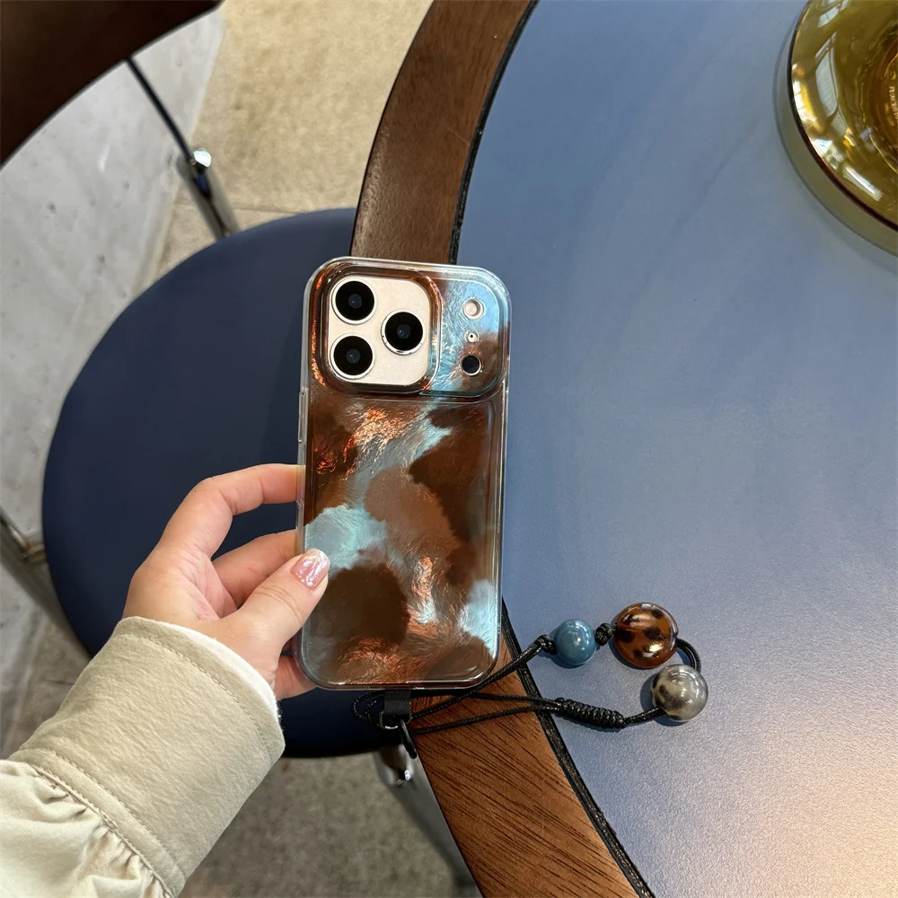 

Korean INS blue brown smudged phone case for iPhone 17 Pro 15 14 Pro Max 13 16 Fundas with hinged silicone shockproof cover