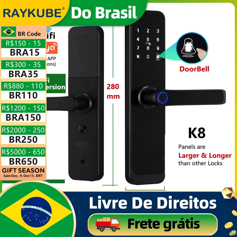 Do Brasil RAYKUBE K8 Tuya Wifi 8-language Smart Door Lock Fingerprint Lock With Longer Larger Handle Panel APP Remote Control