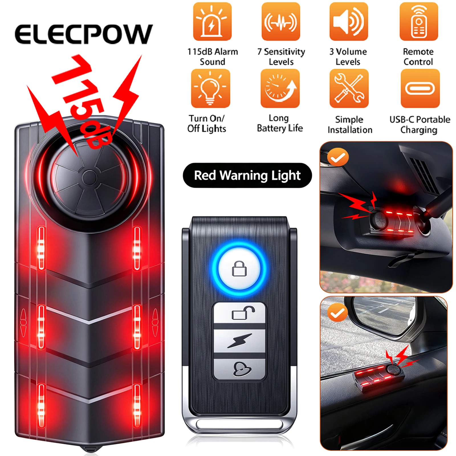 Wireless Car Vibration Anti‑Theft Alarm 7‑Level Sensitivity Adjustable LED Flash Security Alarm USB‑C Recharge for Vehicle Motor