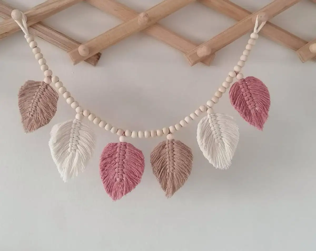 Leaf Macrame Garland , Boho Baby Girl Decoration , Leaf Garland with Wood Beads , Graduation Party , Party Supplies