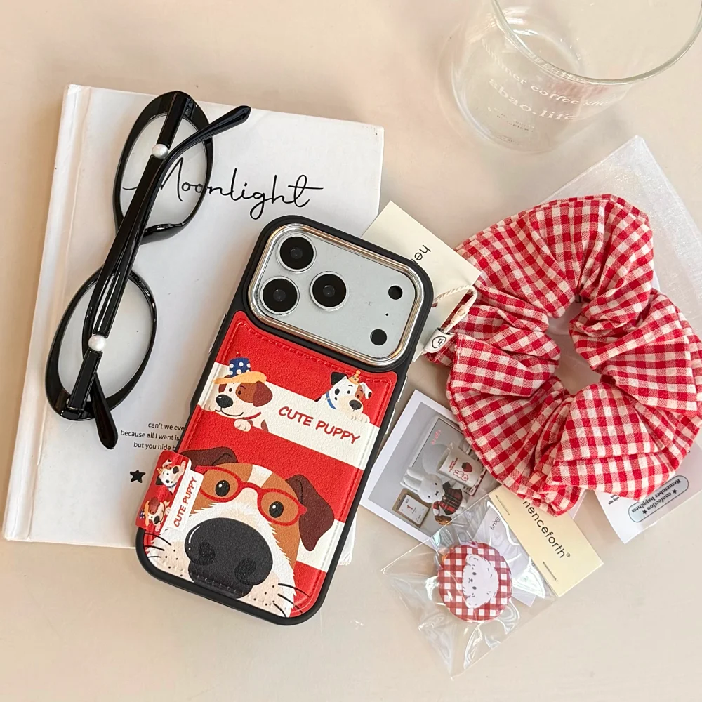 

Cute leather red and white striped eyes dog phone case, suitable for iPhone14/15/16/17ProMax, Fundans 17 Pro new protective case