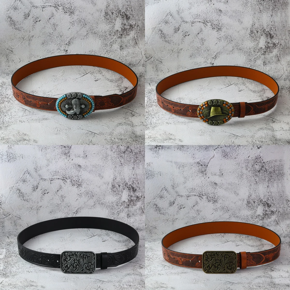 Zinc alloy western vintage style boots hat embossing pattern punk belt, versatile and niche, no collisions, PU leather belt