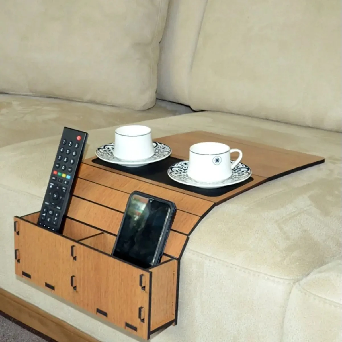 Wooden Side Table Service Coaster Medium Leather Decorative Wooden Sofa Tray Arm Rest Non-slip Folding Practical Design Drink Holder