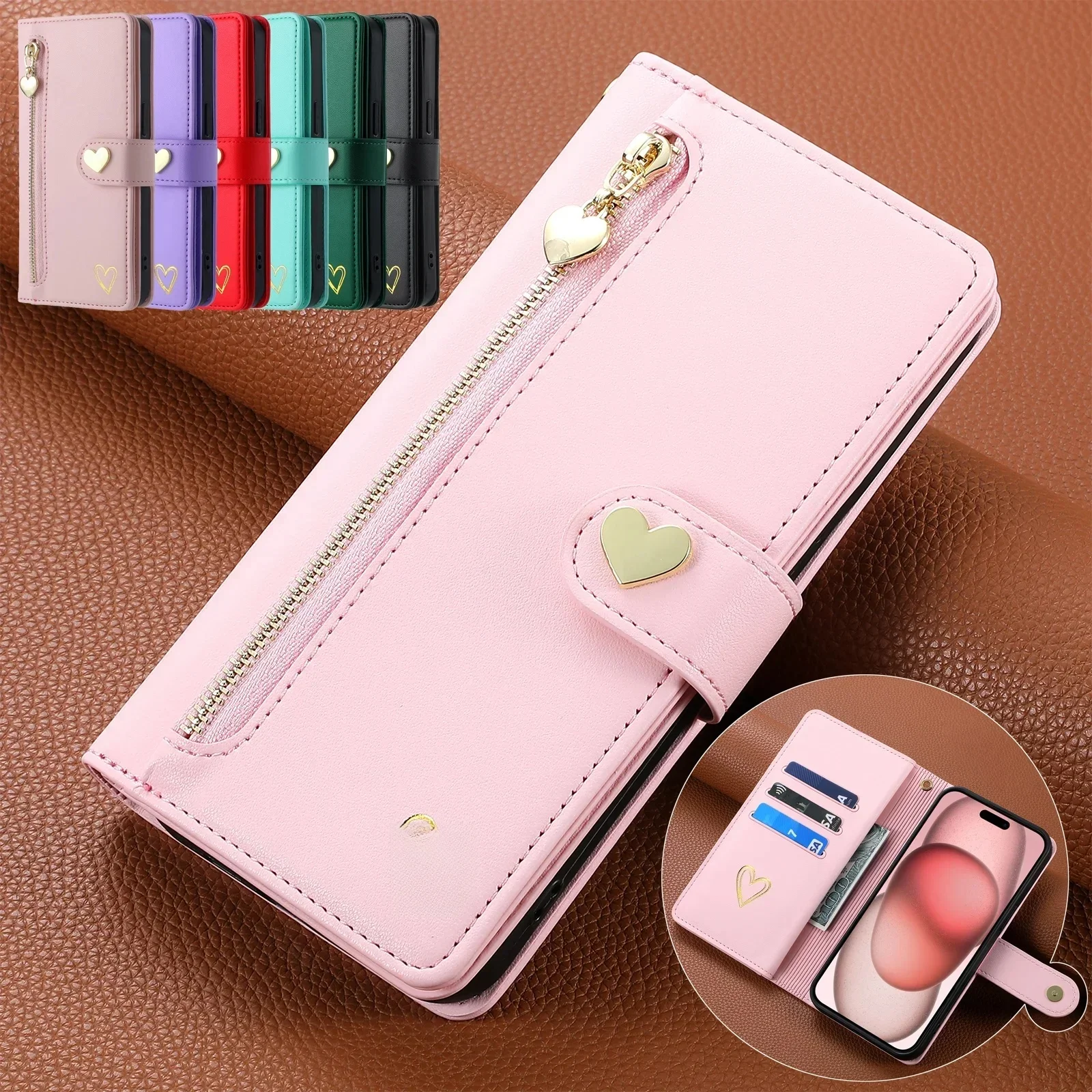 Etui Skórzane z Kieszeniami na Karty i Zamkiem Błyskawicznym do iPhone 15 16 17 Pro Max 14 Plus 13 12 11 XR 7 8 SE 2022, Portfel w Kształcie Serca — zdjęcie produktu 7