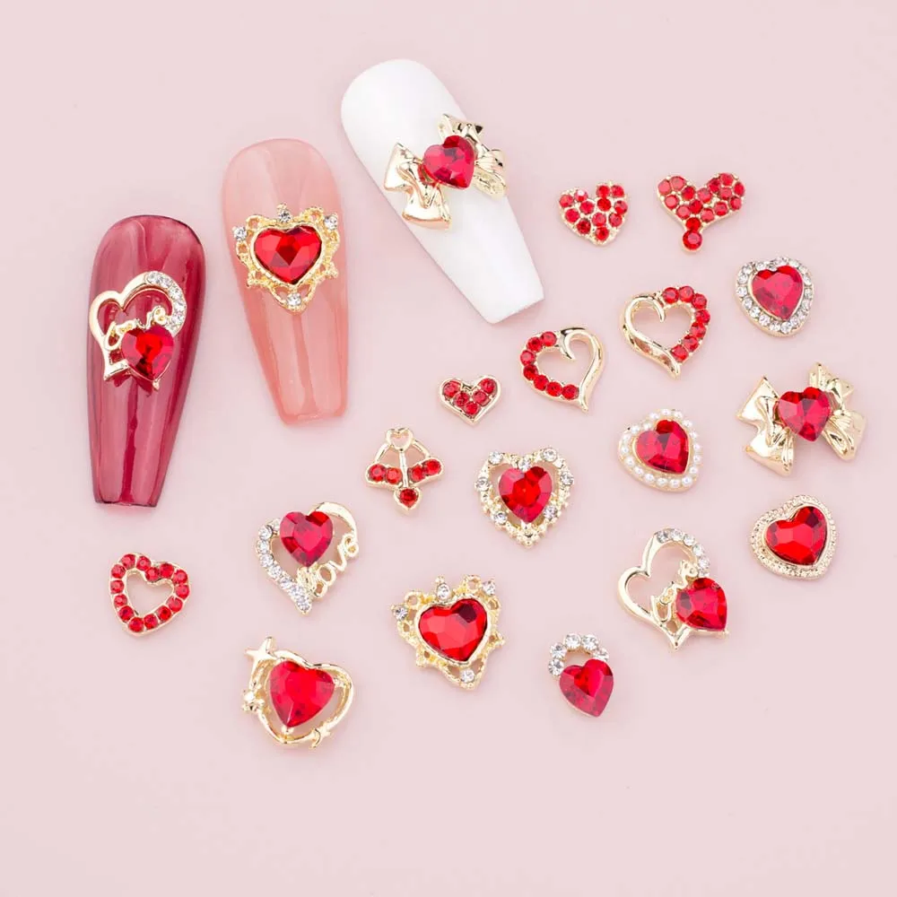 10Pcs Red Valentine Alloy Nail Art Charm 3D Red Diamond Hollow Heart Love Nail Jewelry Parts DIY Kawaii Manicure Love Nail Part