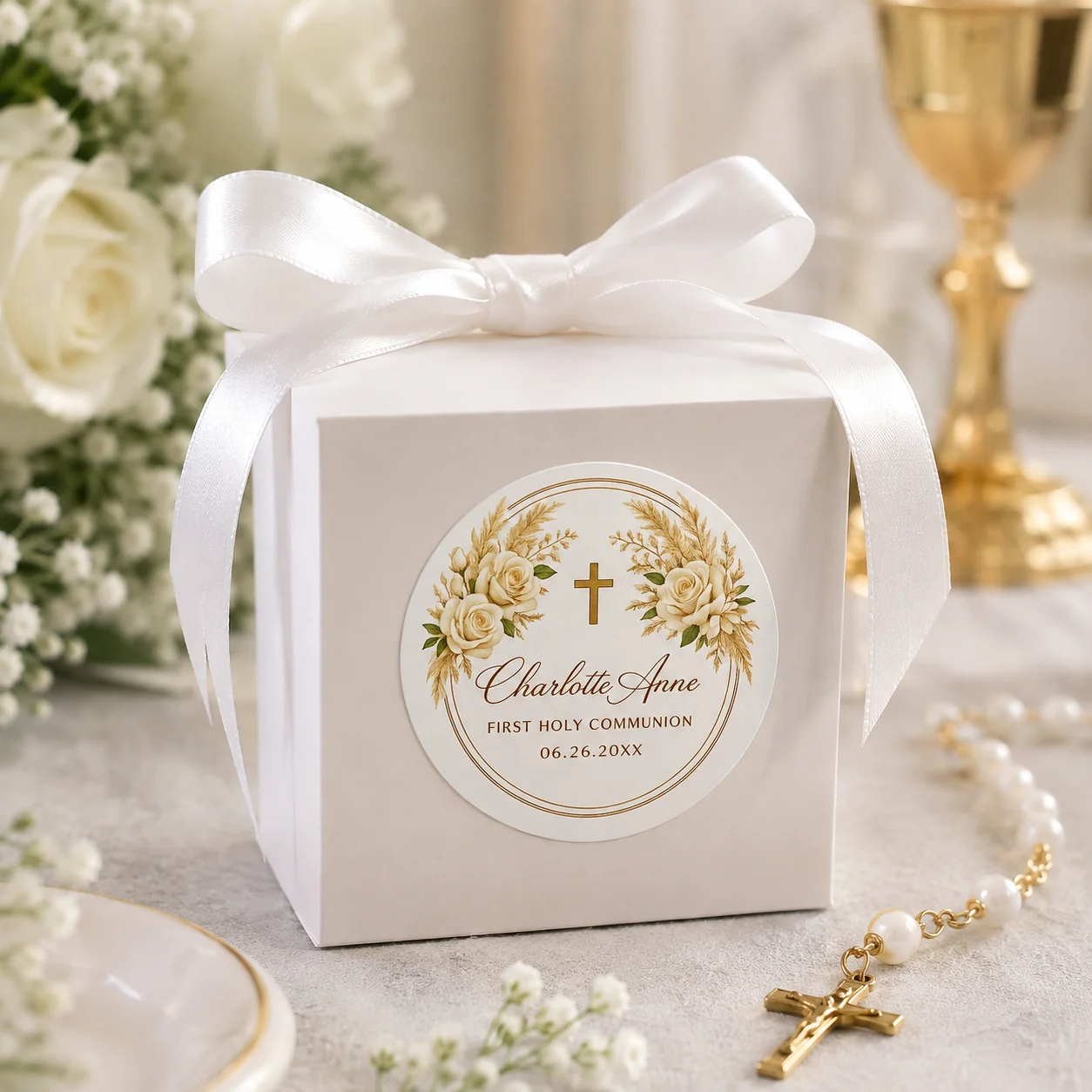 Pegatinas redondas personalizadas para la Primera Comunión y el Bautismo, con la opción de añadir nombres, fechas y otros textos. Etiquetas y tarjetas de regalo personalizables para bautizos, adecuadas para bautizos, Primera Comunión, decoraciones de fiestas y otras aplicaciones de pegatinas.