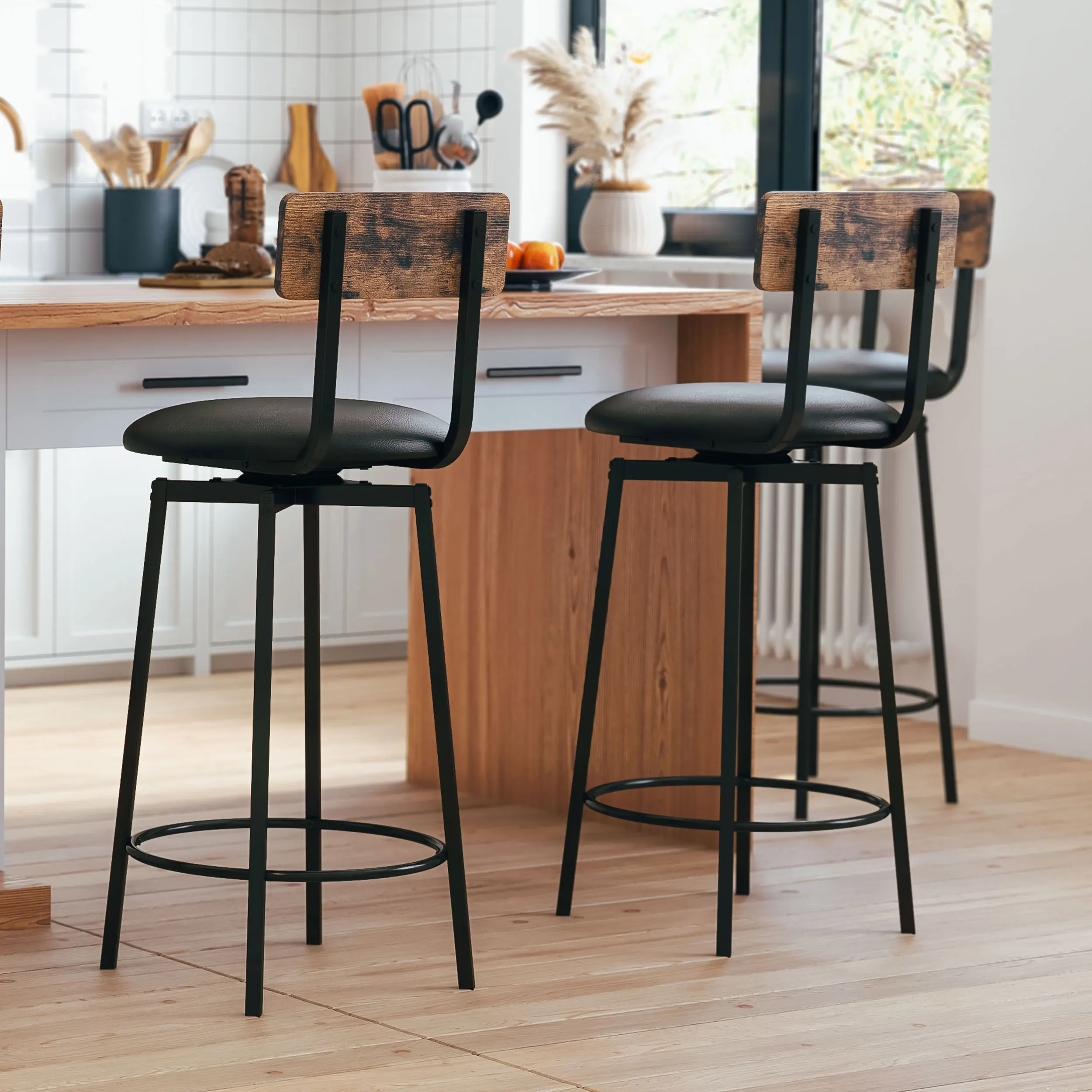 

IRONCK Bar Stools Set of 2, Wider Base PU Upholstered Swivel Barstools for Kitchen Island, Thick Cushion Stools with Footrest fo