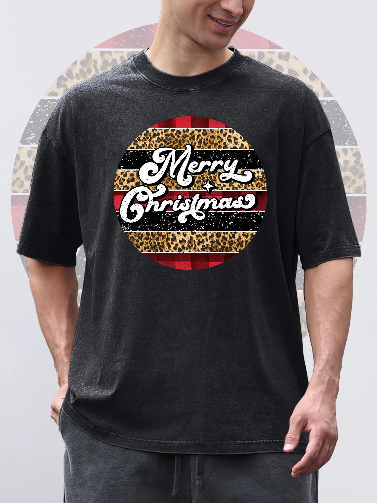 

Men's T-Shirts Merry Christmas Printed Black Short-Sleeved Round Neck 100% Pure Cotton Acid Wash Suitable For Christmas