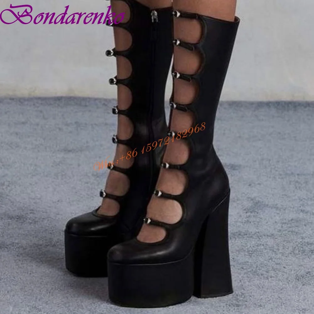 Sexy Hollow Buckles Sandal Boots Platform Printed Round Toe Knee High Women Shoes Chunky High Heels Zipper Boots Spring Summer