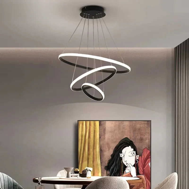 Lampe à suspension moderne anneaux LED cercle plafond suspendu lustre noir Loft salon salle à manger cuisine luminaire intérieur