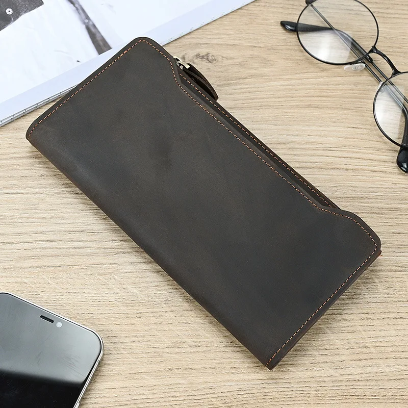 Men Vintage Long Wallet Genuine Leather Cowhide Snap Male Money Case Card Holder Zipper Coin Pocket Unique Casual Clutch Bag