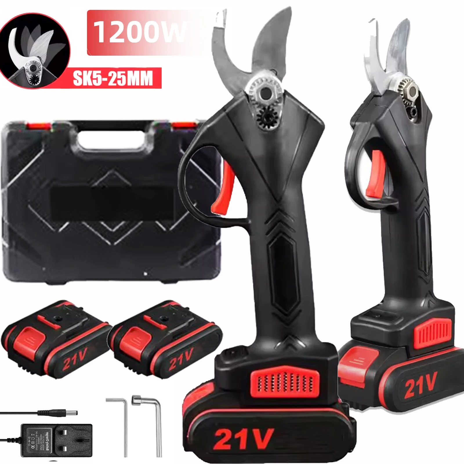 1200W 25mm forbici da potatura elettriche senza fili albero da frutto Bonsai potatura rami taglierina utensile elettrico portatile con 2 pezzi 21V