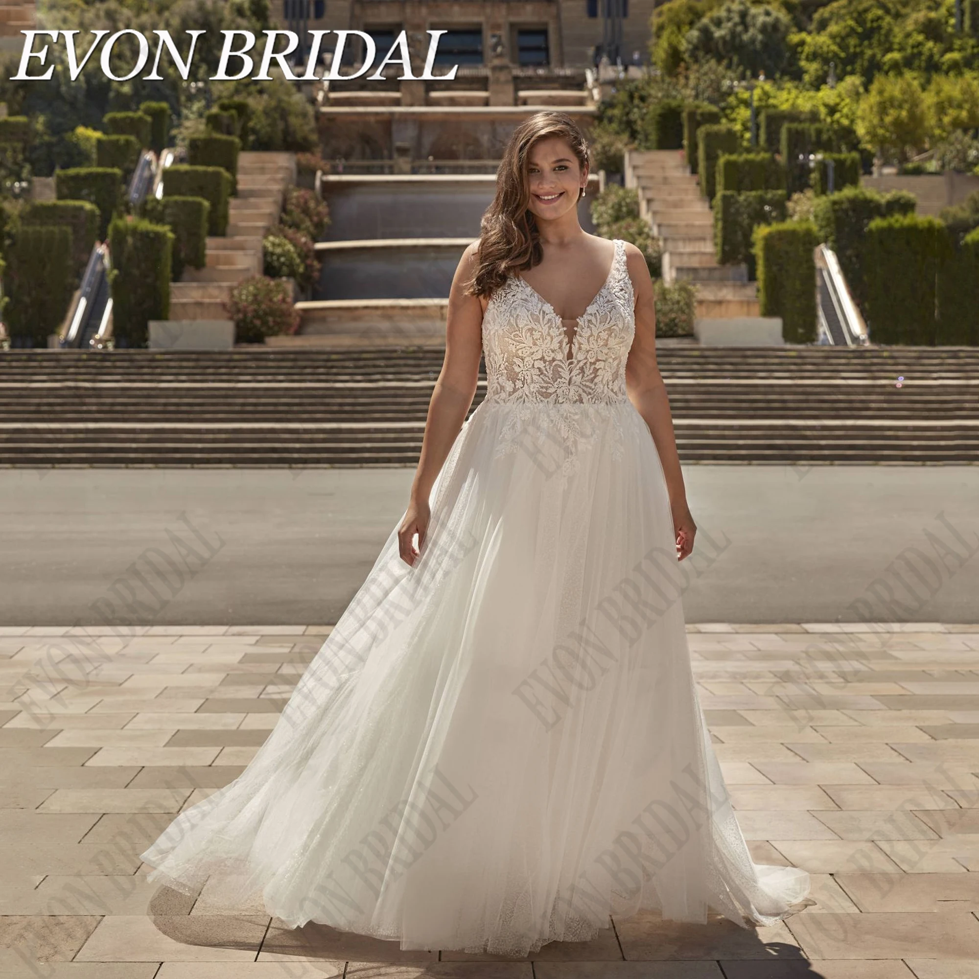 

EVON BRIDAL Sparkling Boho Wedding Gowns Plus Size Woman V-Neck Applique Backless A-Line Custom Glitter Tulle Bride Dress 2024