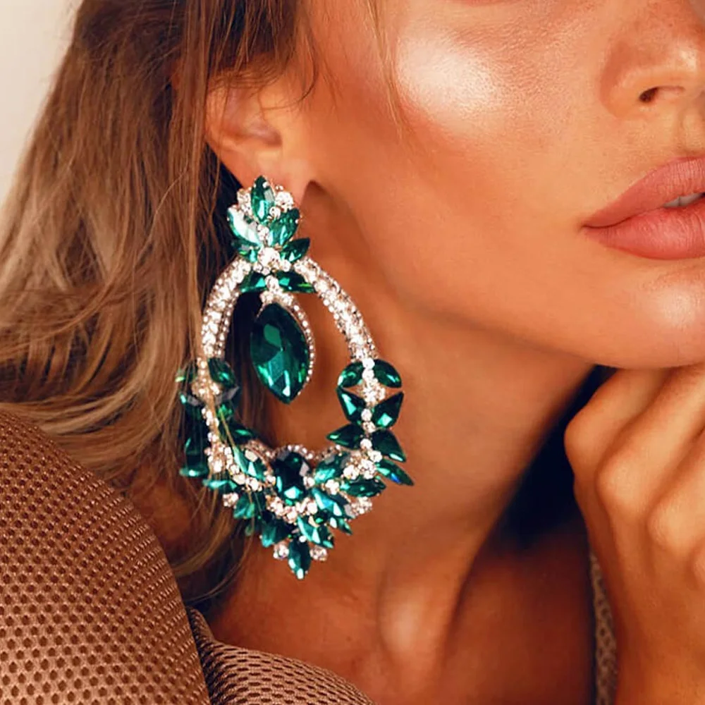 Stonefans Exaggerated Green Crystal Earrings Drag Queen Jewelry Fashion 2023 Oversize Rhinestone Dangle Earring for Women