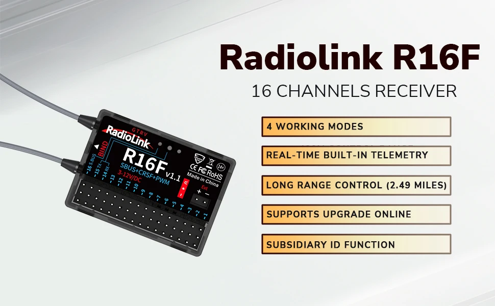 Radiolink R16F 16-Kanal-RC-Empfänger, Telemetrie, integrierter Simulator für RC-Flugzeug, Auto, Boot für 2,4 G Radio-Fernbedienung – Detail 1