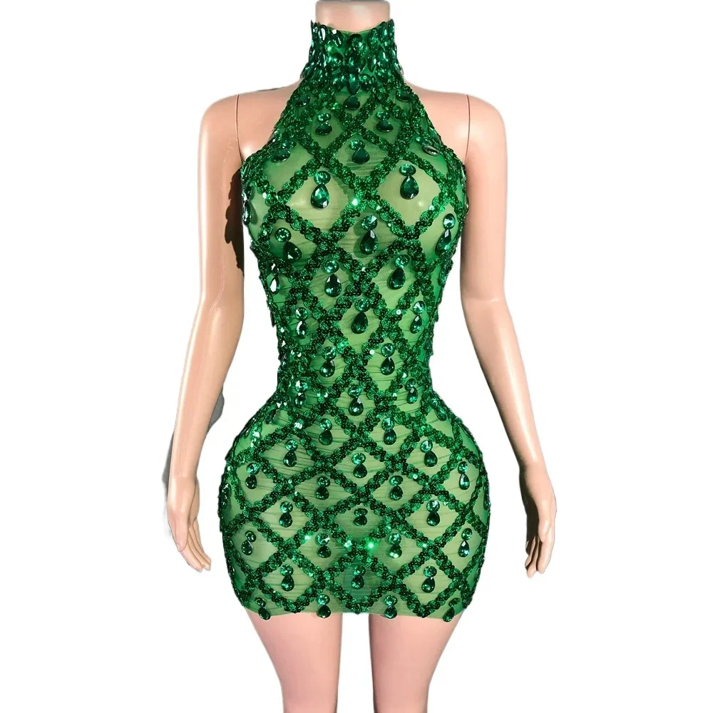 Sparkly Strass Korte Jurk voor Vrouwen Sexy Mesh Transparant Vieren Avond Prom Evenement Verjaardag Jurk Fotoshoot Wear - afbeelding 2