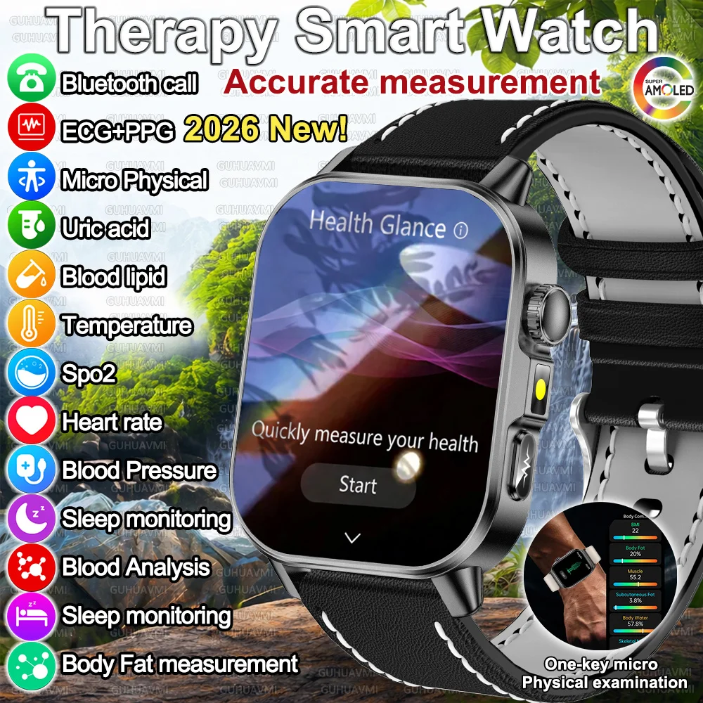 

2026 NewTherapy Smart Watch ECG+PPG Blood Pressure HeartRate SpO2 Uric Acid Blood Lipid Body Fat Sleep Monitoring Bluetooth Call