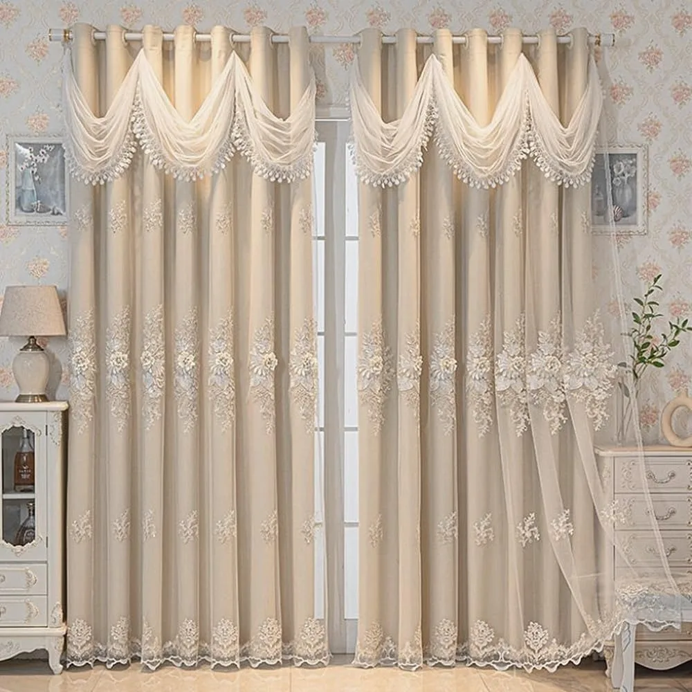 1 Panel Luxury European Curtains with Wavy Valance for Living Room Bedroom Double Layer Embroidered Curtains
