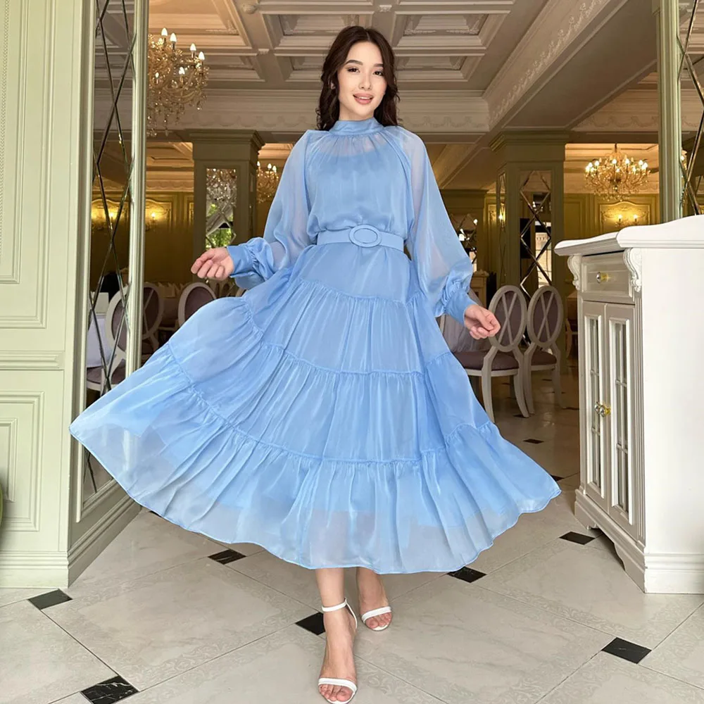 

A-line Homecoming Dresses Tea-Length Birthday Party Dress High Collar Long Sleeves Solid Color Prom Gown فساتين للحفلات الراقصة