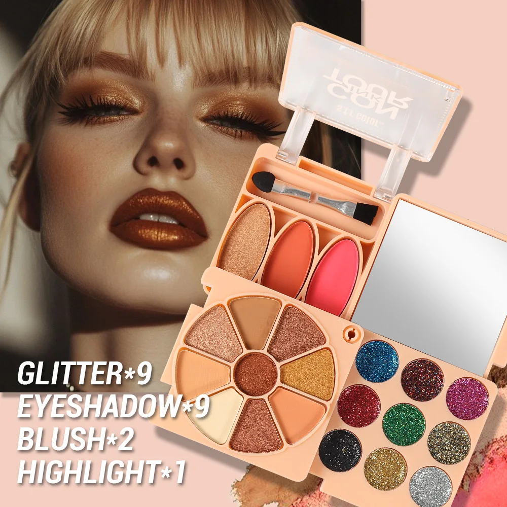Multifunctional All In One Makeup Palette, 9 Glitter Eyeshadow +9 Matte Eyeshadow +2 Blush +1 Highlight Powder, Portable Face Eye Cosmetic Kit With Mirror & Makeup Brush