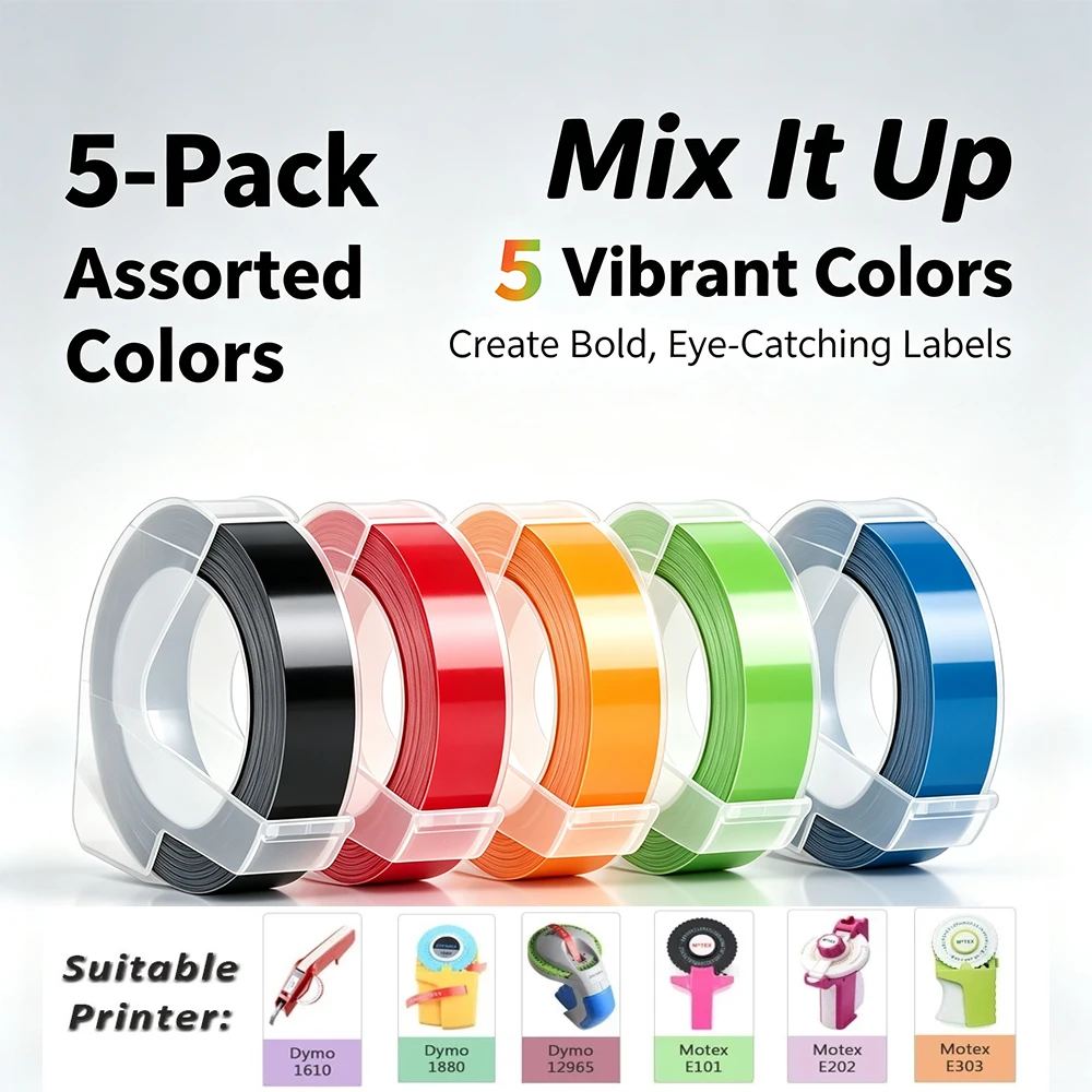 5PCS 9MM mixed color Embossing Label Tape 3D Refill Tape for DYMO 12965 1610 MOTEX E-5500 E202 C101 Phomemo E975 Label Printer